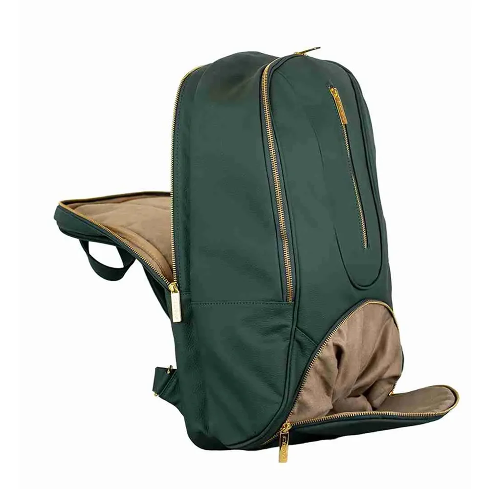 Cork Backpack Leather Green Gold – green leather padel backpack with gold hardware - image 2