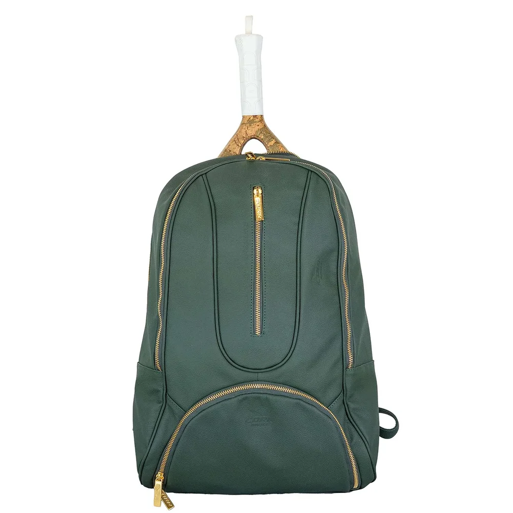Cork Backpack Leather Green Gold – green leather padel backpack with gold hardware - image 1